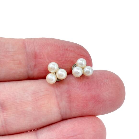 Estate Sterling Silver 925 Triplet Pearl Stud Earrings - Picture 1 of 9